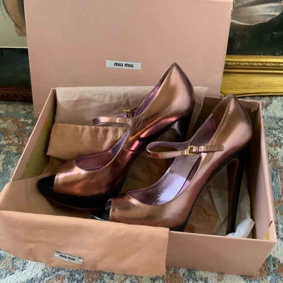 miu miu Capretto Lamina Cammeo metallic rose gold copper open peep toe Mary Jane - Picture 14 of 14